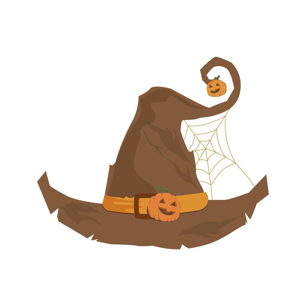 Accessory wear for witch, symbol traditional creepy decoration, clothing for sorcery with spider net, hat halloween vector illustration isolated