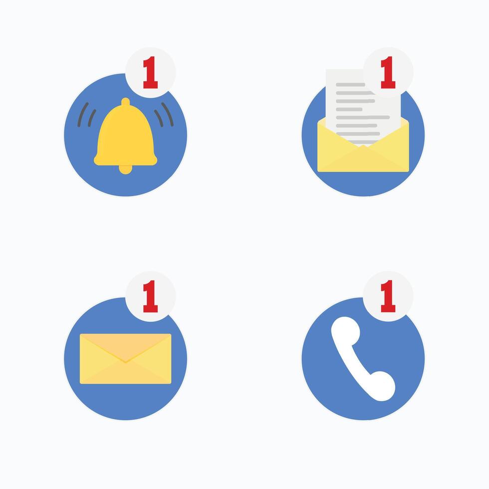 Notification icon collection for mobile application, message, call and incoming with counter. Ignored notifications, pop-up messages, missed call, new email, online talking of smartphone vector