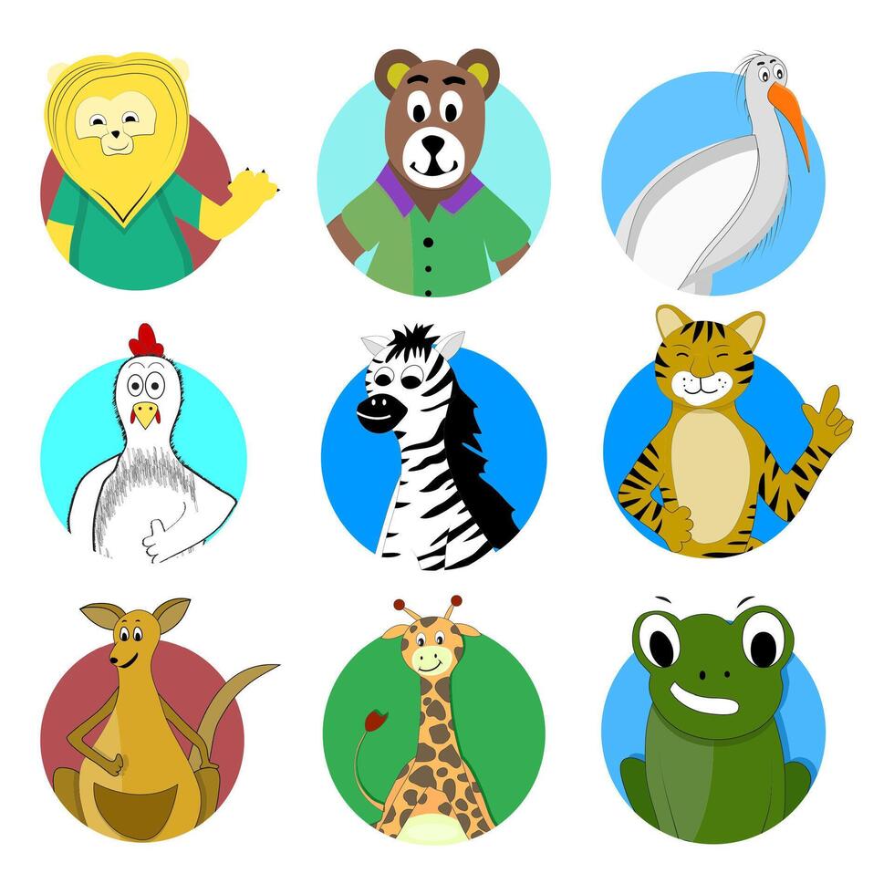 Cartoon avatar animal kangaroo lion and giraffe mascot, creature happy avatar to game, totem muzzle, feline wild, vector illustration