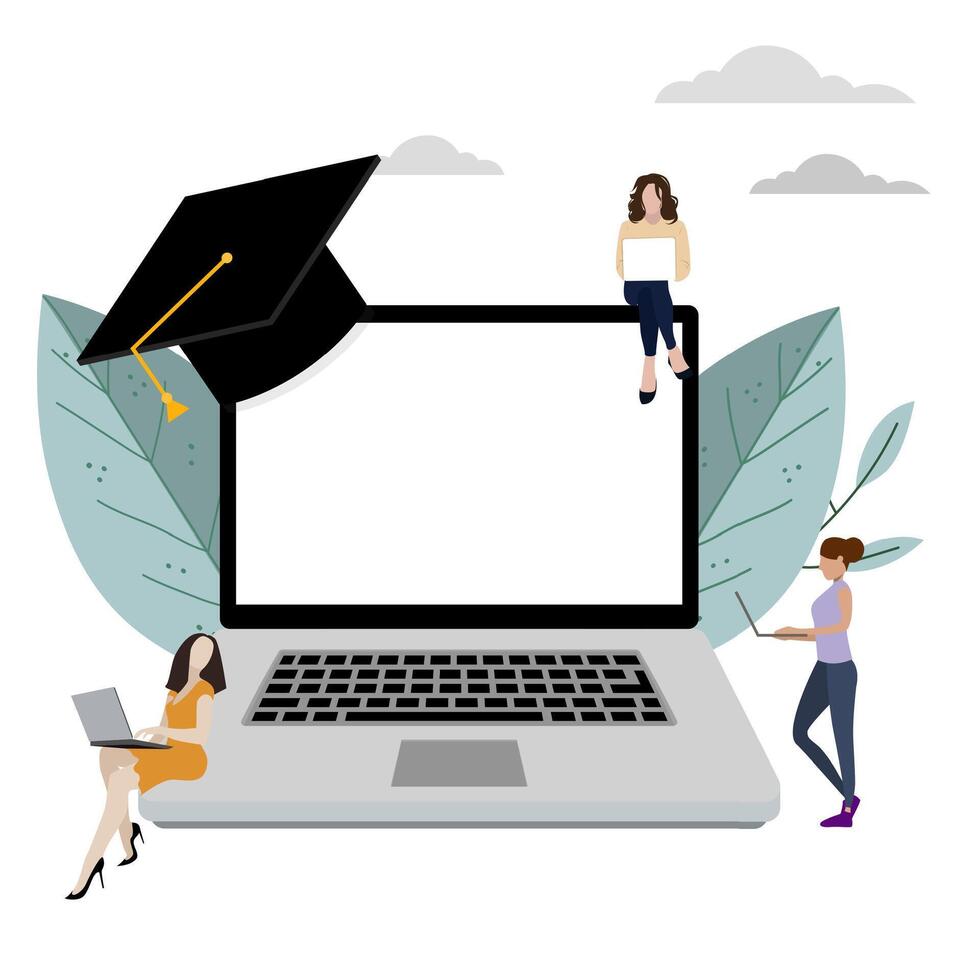 Remote study, online learning on laptop concept. Vector distance learning, students education in university online, remote e-learning and graduation illustration
