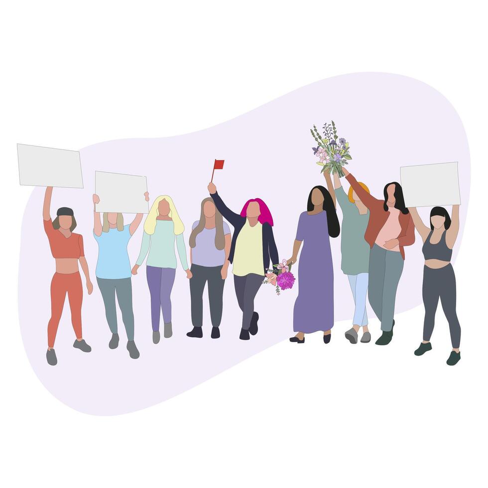 mujer protesta y demostración, personas con tarjeta y flores, dibujos animados hembra solidaridad, Huelga y dificil para mujer derechos. vector protestador y activismo democracia ilustración