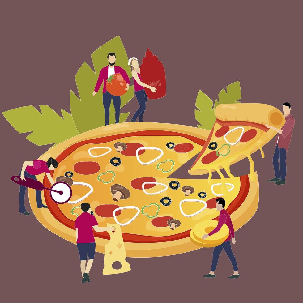 People sharing pizza dinner. Vector illustration. Tasty fast food cartoon, character with piece of pepperoni, eating and sharing snack, friendship party