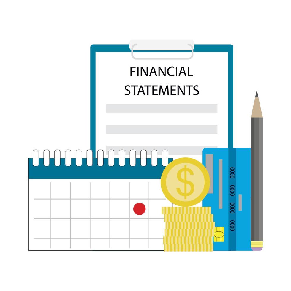Financial statement monthly, budget planning and final report. Vector illustration. Monthly accounting budget, tax plan, data managment, pay checklist, graph list, company profit, salary bill