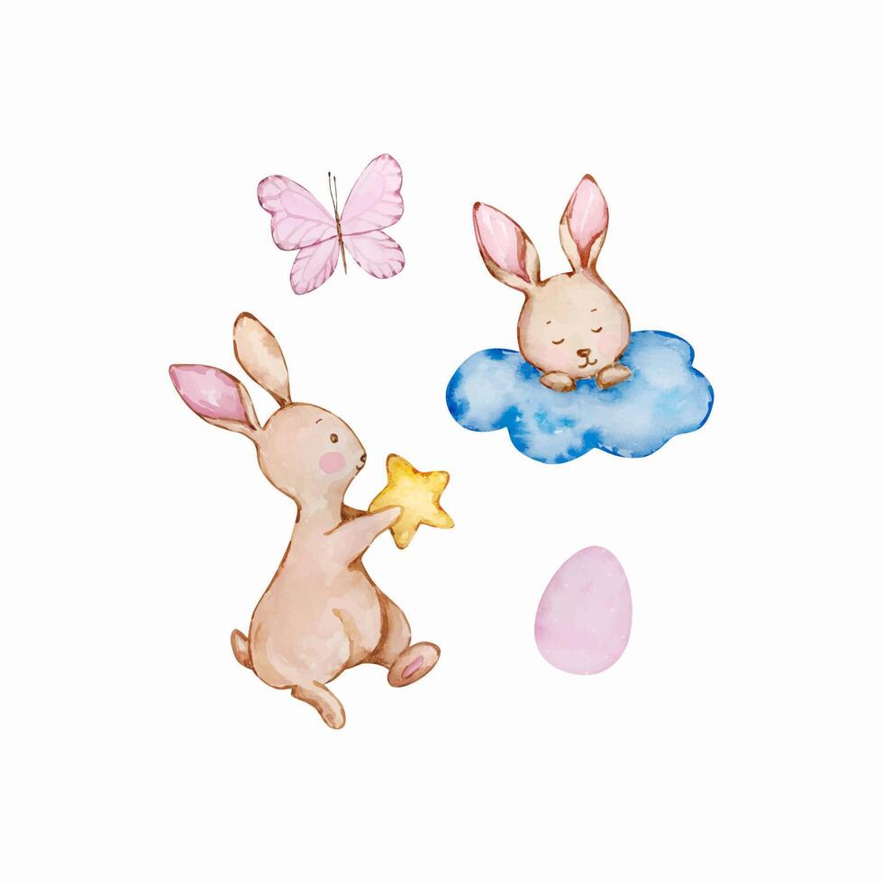 Watercolor cute baby angel bunny, nursery vector