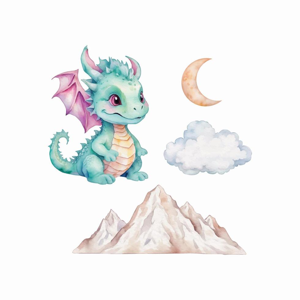 Watercolor cute baby dragon set, nursery vector