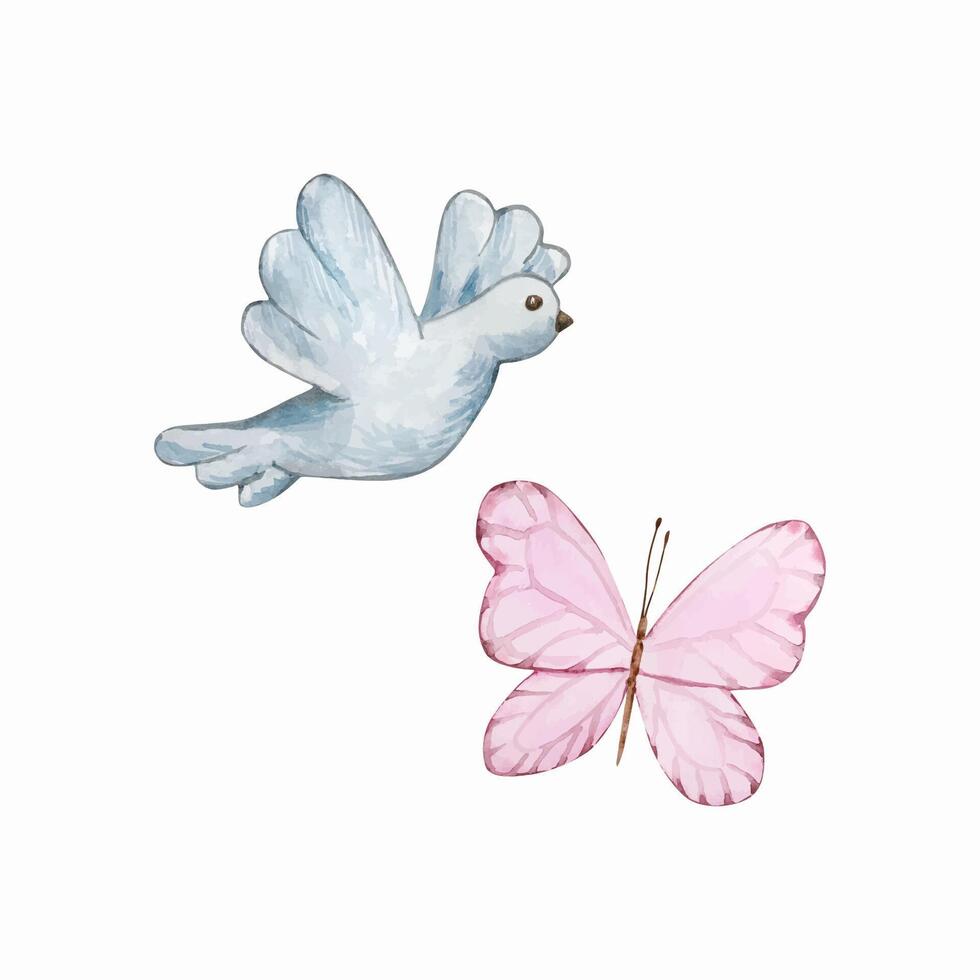 Watercolor dove and butterfly, easter illustration vector