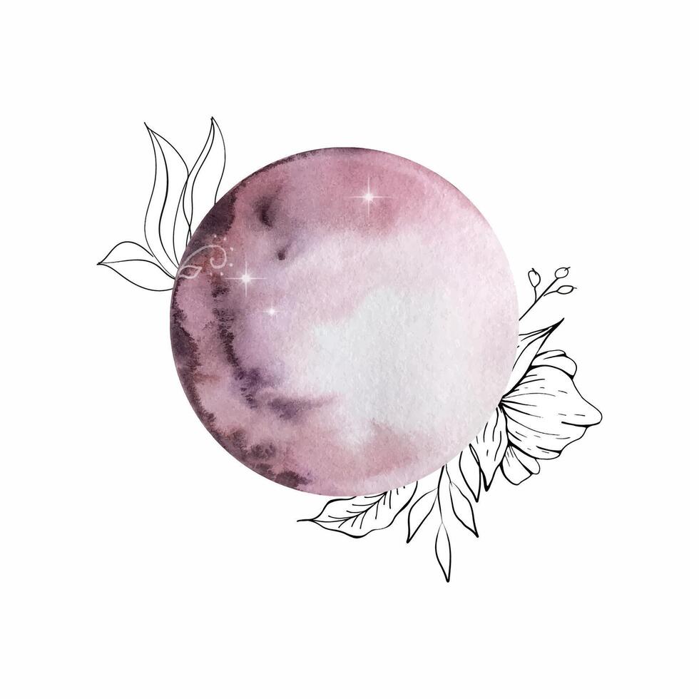 Watercolor moon with flowers bouquet, mystical vector