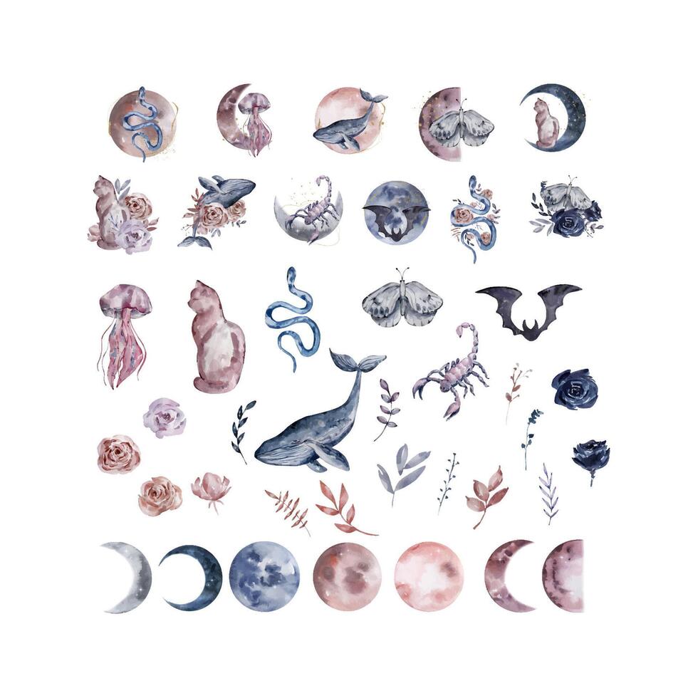 Watercolor set fantastic moon animals, illustration vector