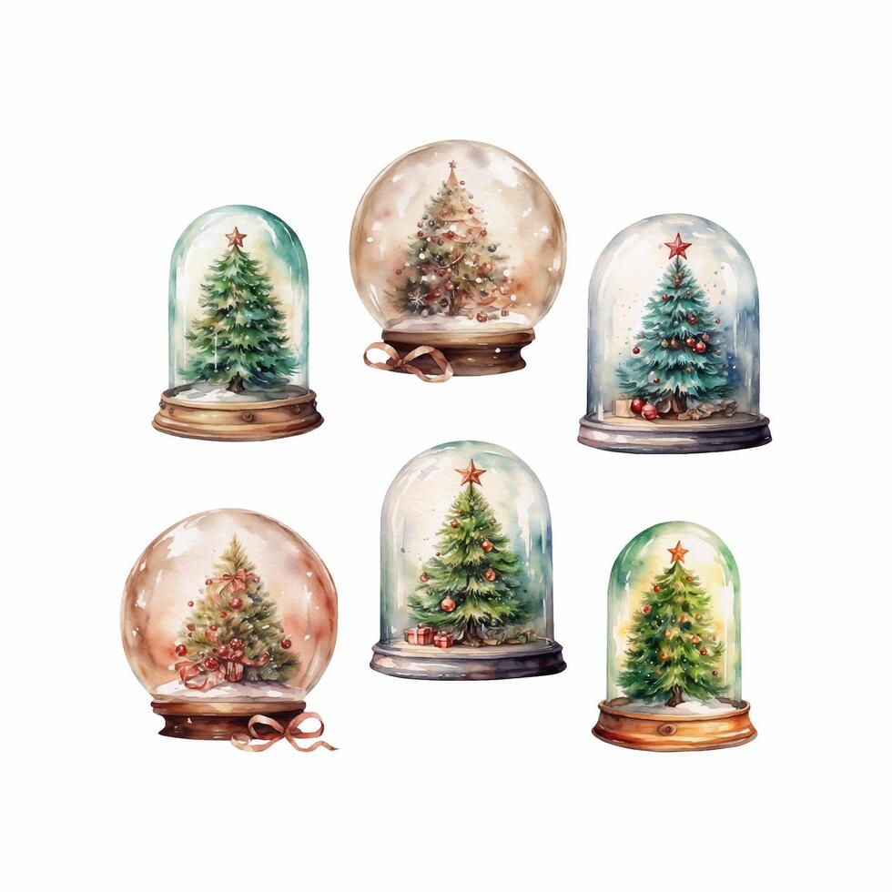 Watercolor Christmas snow globe set, winter cozy vector