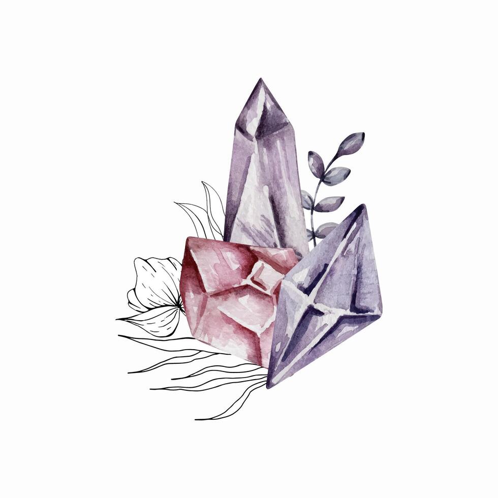 Watercolor crystals composition, magic illustration vector