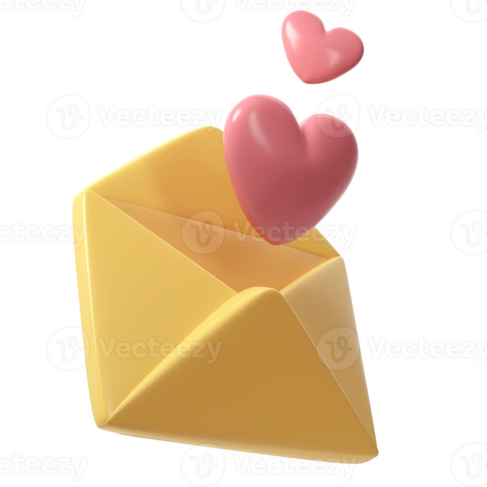 3d open envelope letter icon with two red hearts. Render mail Elements for romantic transparent object illustration Love Valentine romantic design png