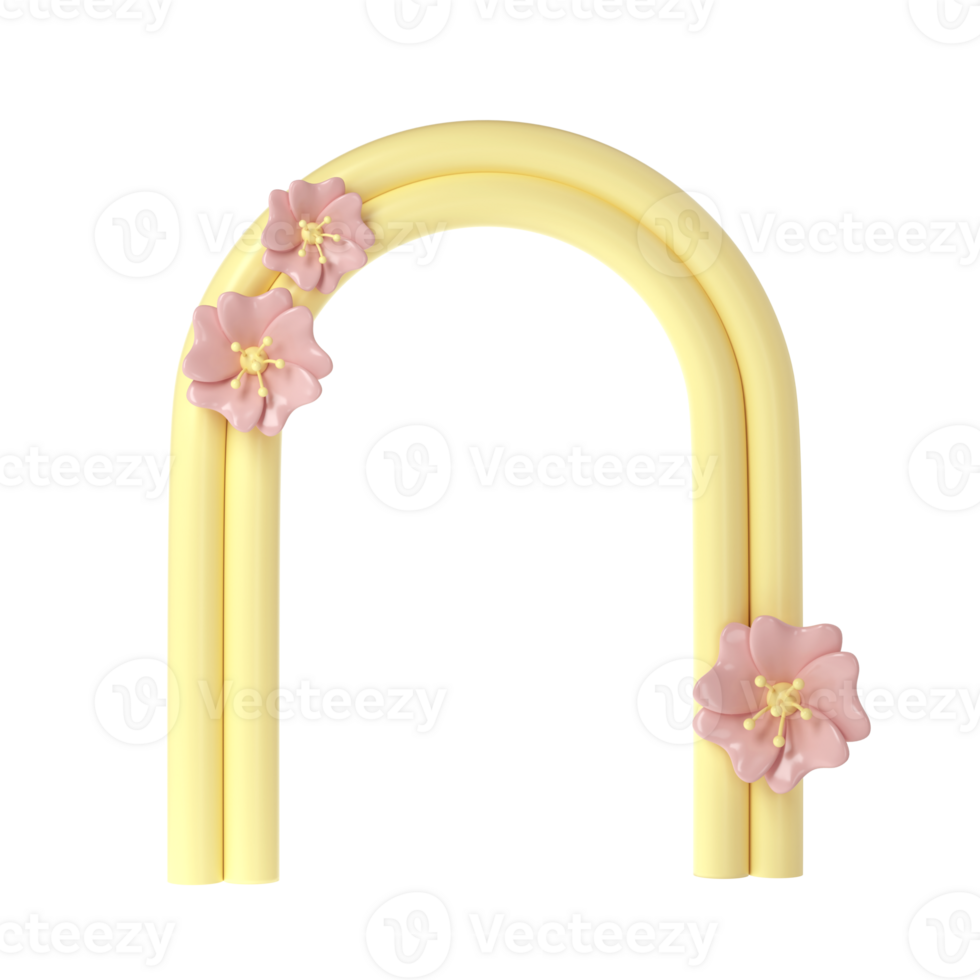 3d rendering of plaster yellow molds arch with pink flower. Minimalistic spring display. Stylish aesthetic transparent showcase, mock up for the exhibitions, presentation of products and goods png