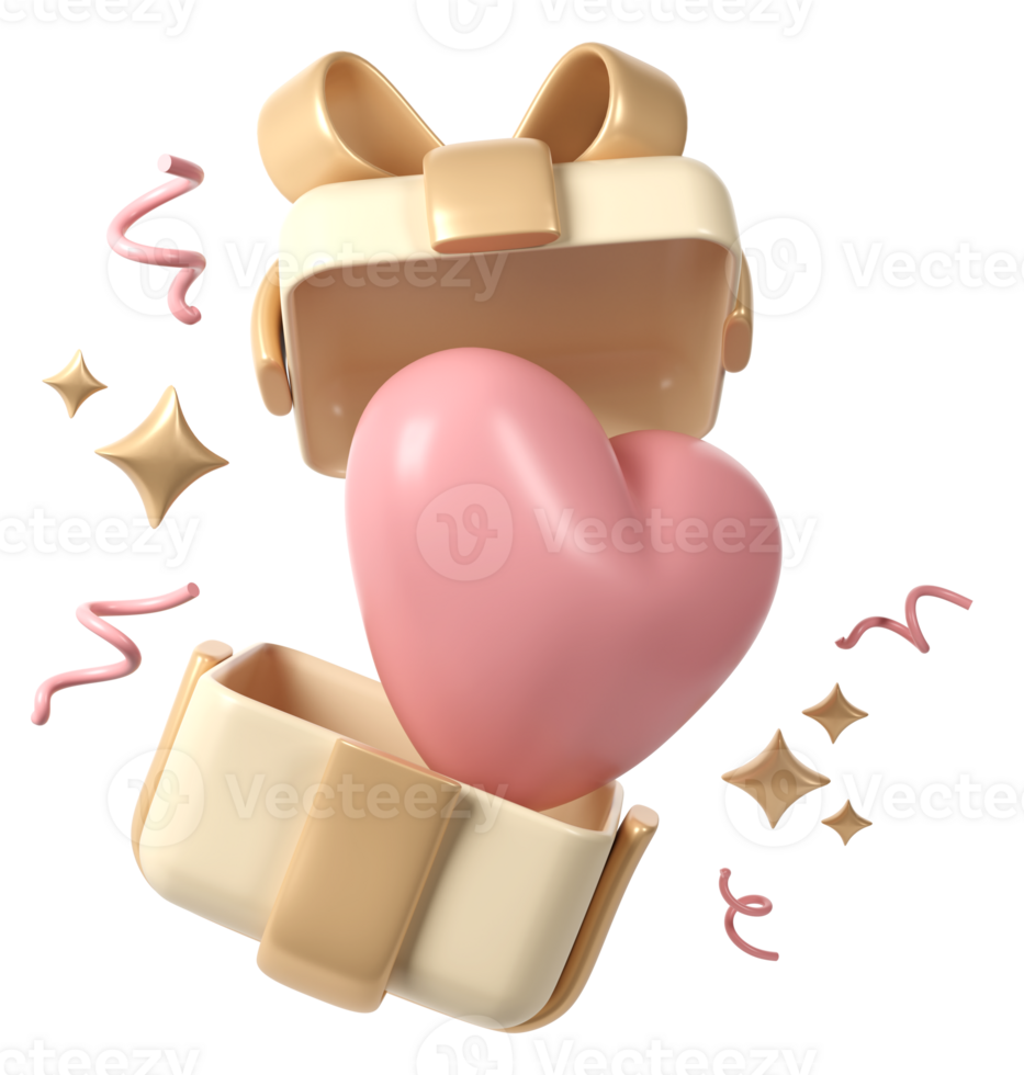 3d pink heart in gift box Cartoon Style for Decoration. Love transparent Valentine romantic design, Mother, Women day Background illustration png