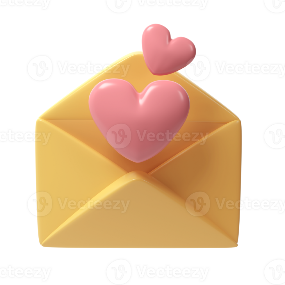 3d open envelope letter icon with two red hearts. Render mail Elements for romantic transparent object illustration Love Valentine romantic design png