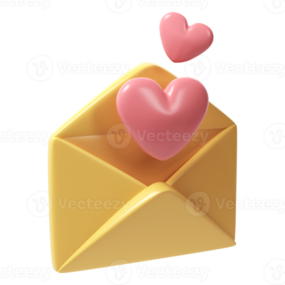 3d open envelope letter icon with two red hearts. Render mail Elements for romantic transparent object illustration Love Valentine romantic design png