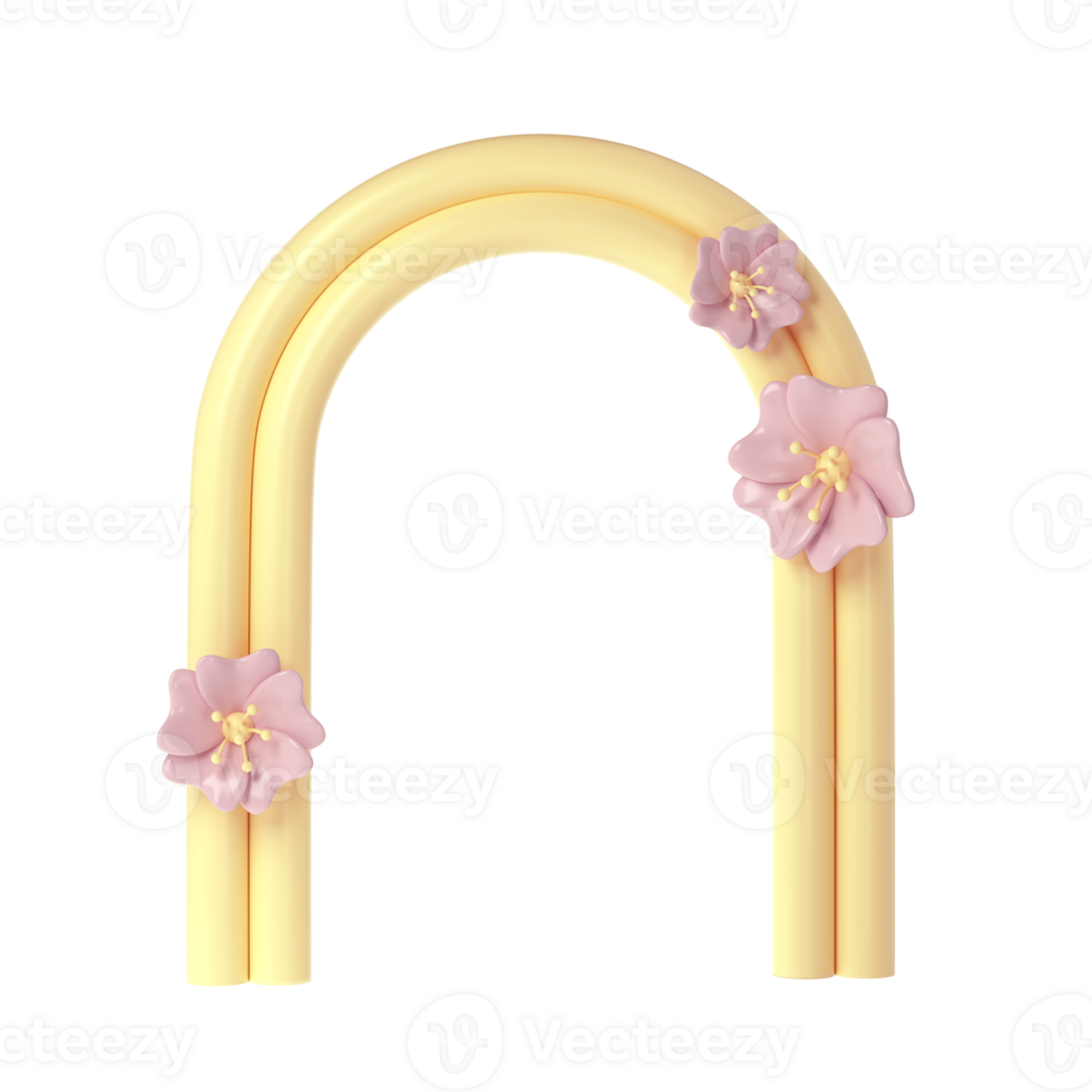 3d rendering of plaster yellow molds arch with pink flower. Minimalistic spring display. Stylish aesthetic transparent showcase, mock up for the exhibitions, presentation of products and goods png