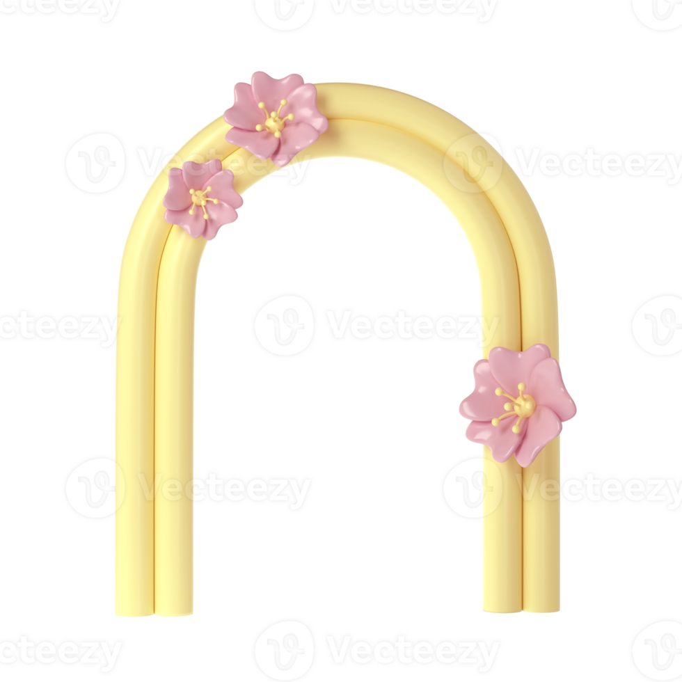 3d rendering of plaster yellow molds arch with pink flower. Minimalistic spring display. Stylish aesthetic transparent showcase, mock up for the exhibitions, presentation of products and goods png