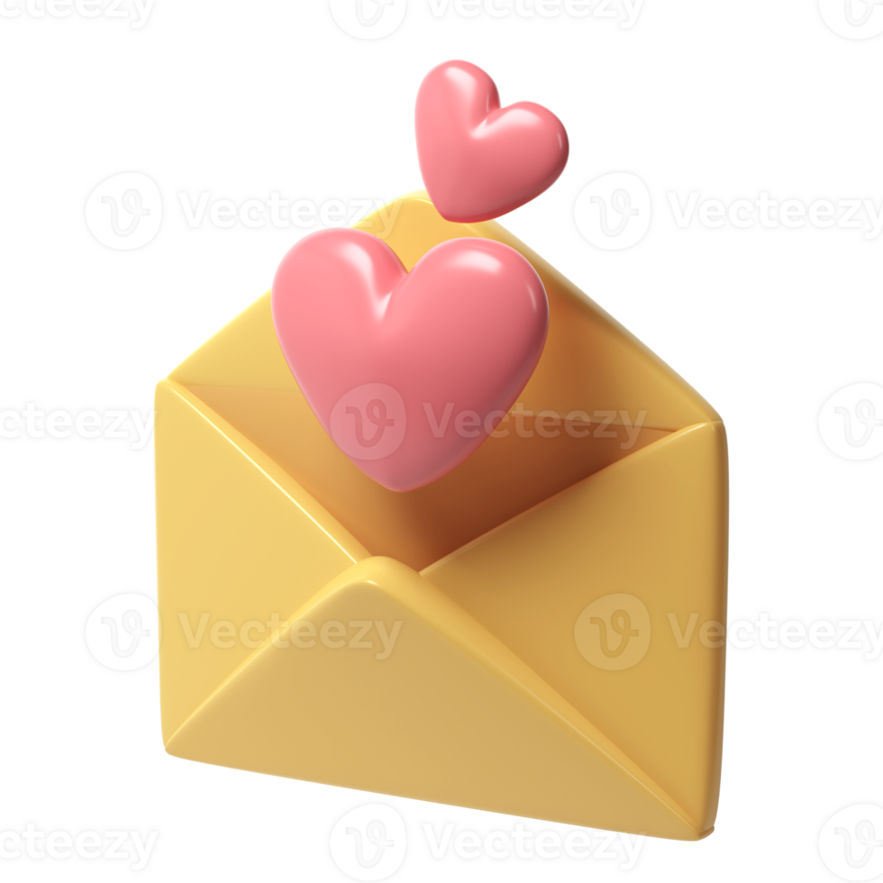 3d open envelope letter icon with two red hearts. Render mail Elements for romantic transparent object illustration Love Valentine romantic design png