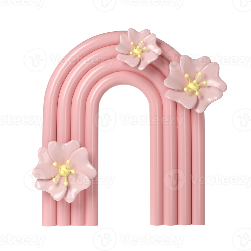 3d rendering of plaster pink molds arch with flower. Minimalistic spring display. Stylish aesthetic transparent showcase, mock up for the exhibitions, presentation of products and goods png