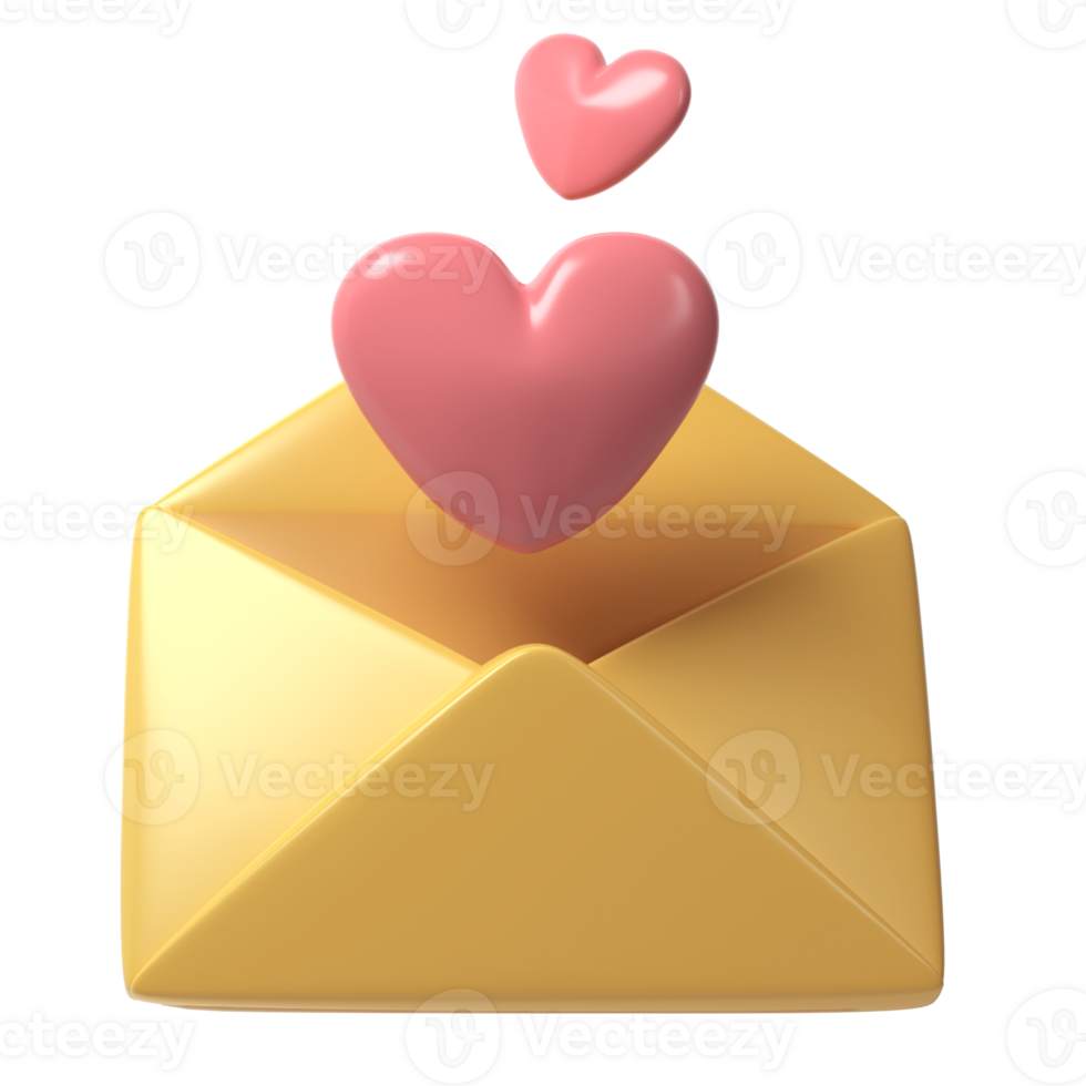 3d open envelope letter icon with two red hearts. Render mail Elements for romantic transparent object illustration Love Valentine romantic design png