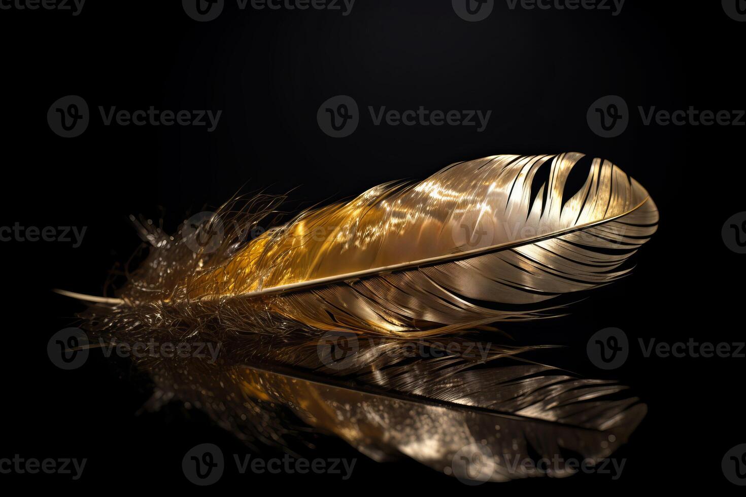 AI generated Golden fantasy feather on black background. Generate ai photo