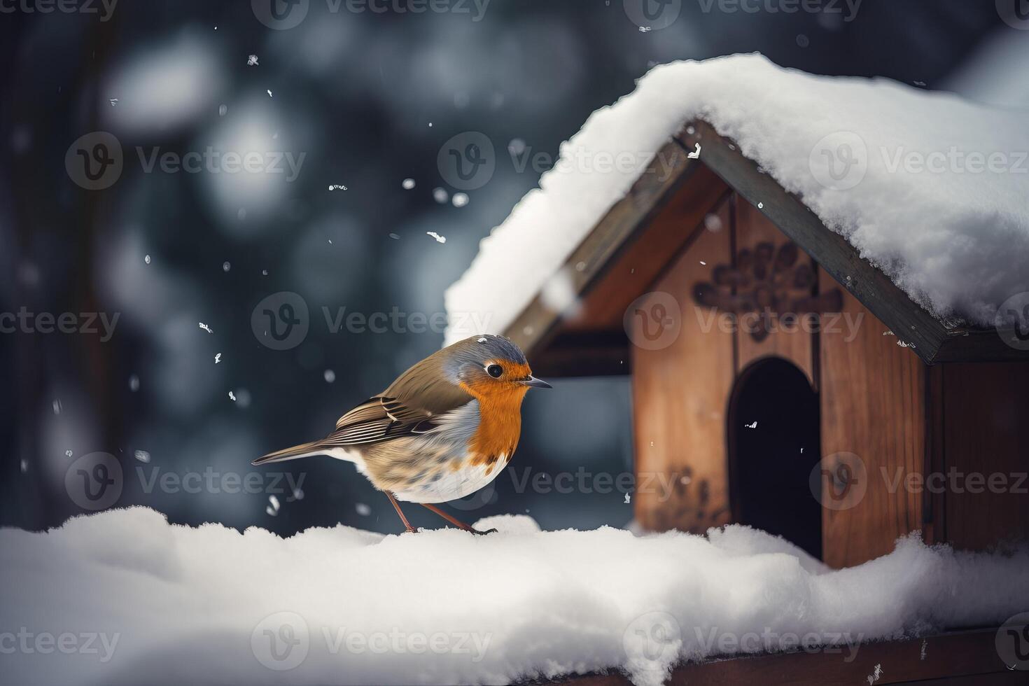 AI generated Bird at winter feeding house. Generate ai photo