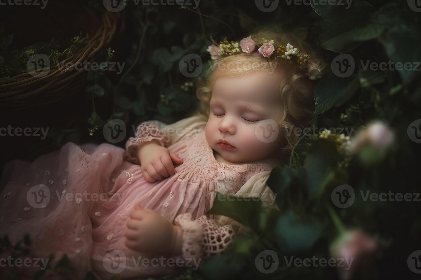 AI generated Female newborn baby sleeping in green leaves. Generate ai photo