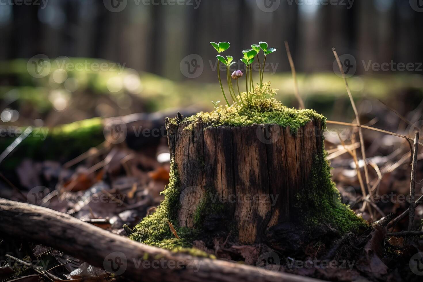AI generated Little young sprout growing out on tree trunk. Generate ai photo