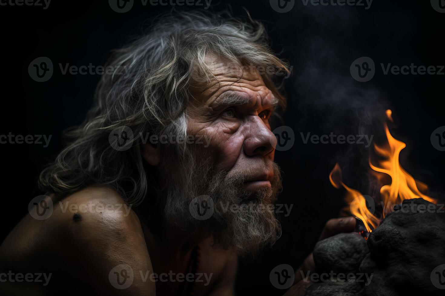 AI generated Neanderthals caveman discovering fire. Generate ai photo