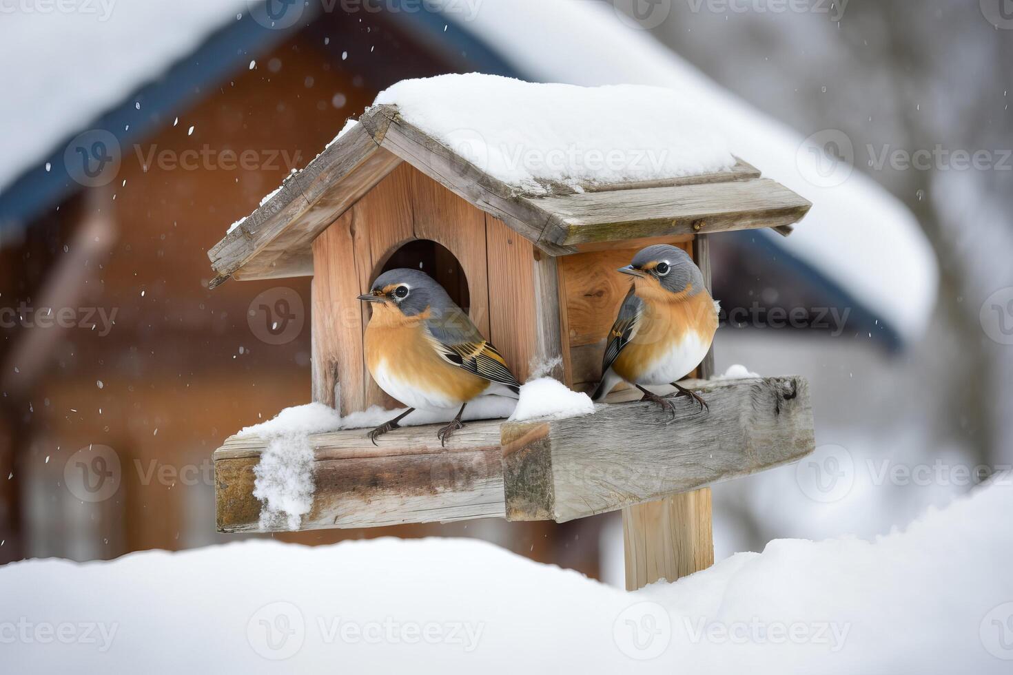 AI generated Birds in wintertime food house. Generate ai photo