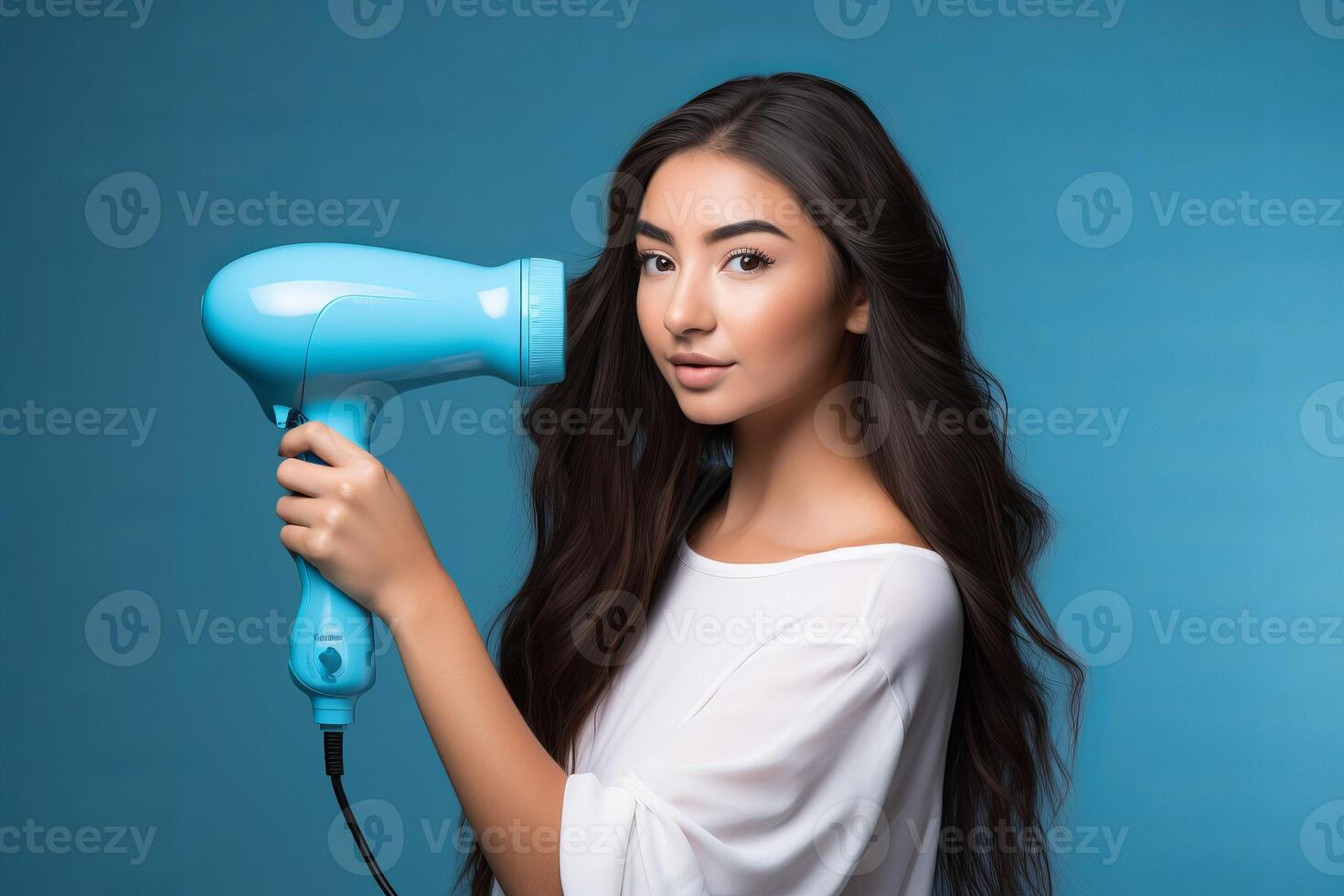 AI generated Female model posing with hair dryer on blue background. Generate ai photo