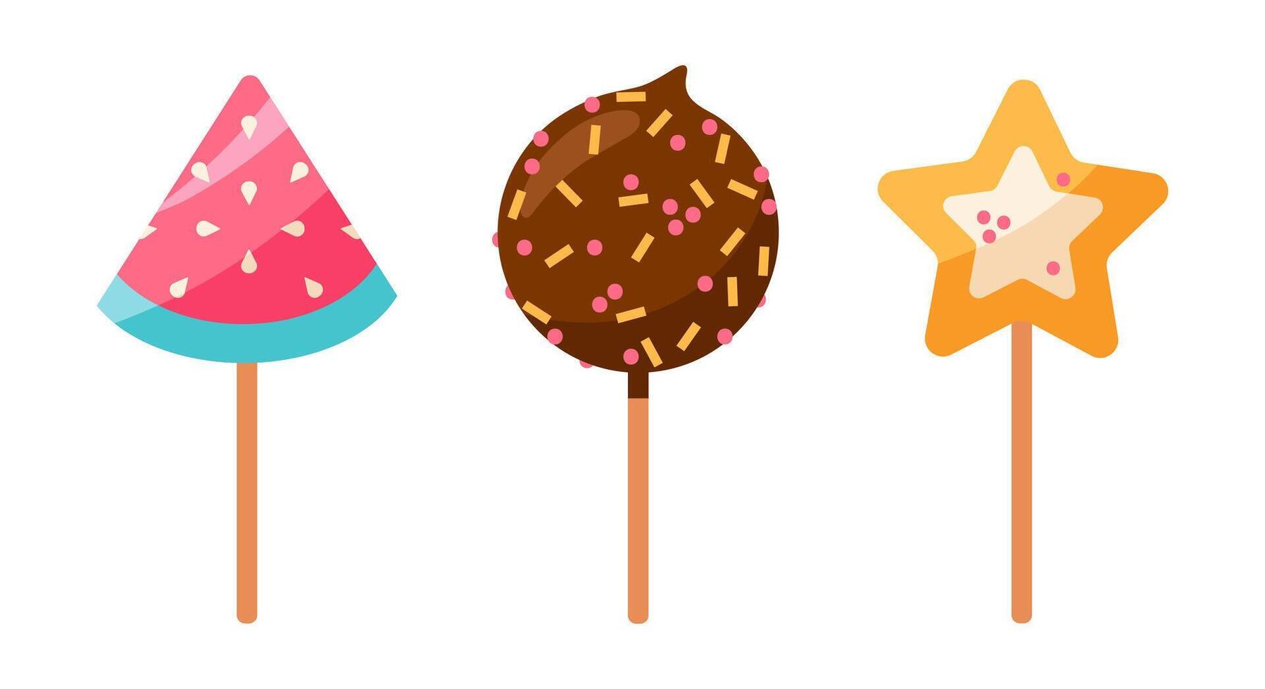 Sweets vector icon set. Chocolate cake pop with glossy icing, sprinkles. Sugar lollipops in the shape of a star, watermelon slice. Treats on a sticks. Candies for kids, tasty caramel. Cartoon clipart