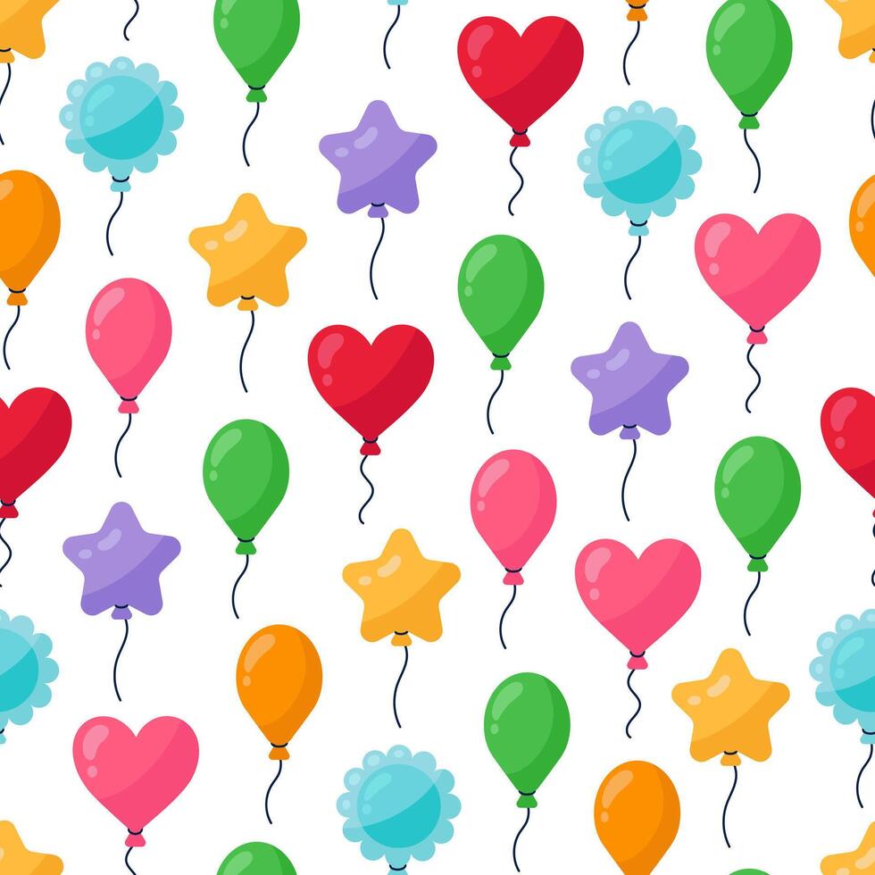 Balloons seamless vector pattern. Colorful toys of various shapes - star, heart, ball, flower. Flying surprise for a party, birthday, event. Funny festive decoration on a string. Cartoon background