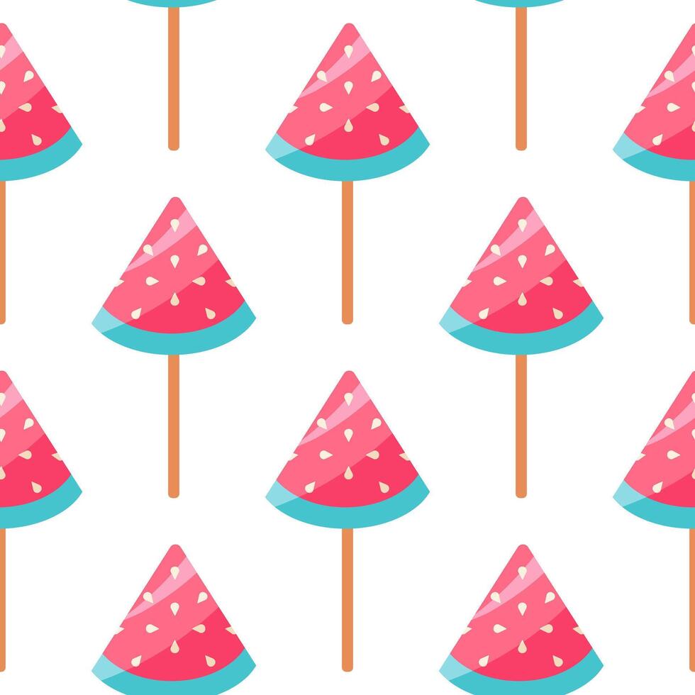 Lollipop seamless vector pattern. Sweet candy on a stick in the shape of a watermelon slice. Tasty fruit caramel with peel, pulp, seeds. Colorful sugar treat for children. Flat cartoon background