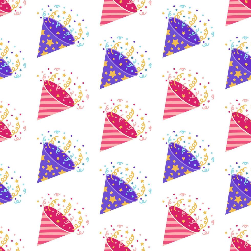 Firecracker seamless vector pattern. Paper purple and pink crackers with stars, stripes. Popper explosion, colorful surprise with serpentine, confetti. Toy for party, birthday, event. Funny background