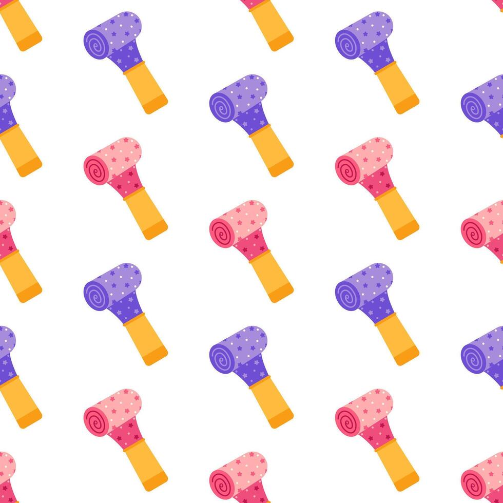 Party whistle seamless vector pattern. A loud toy for blowing and making noise for a birthday, carnival, event. Colorful accessory with stars ornament. Funny surprise for kids. Flat cartoon background