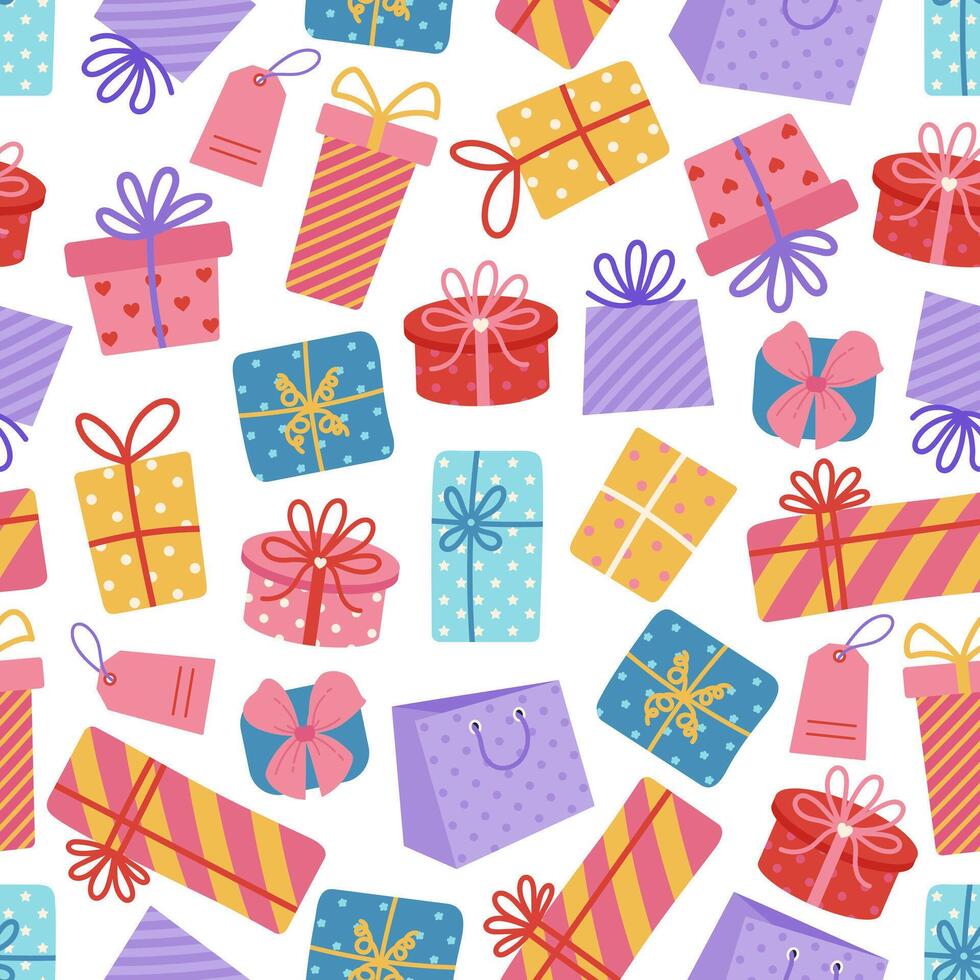 Gift boxes seamless vector pattern. Colorful presents with ribbon, bow. Containers with stripes, polka dots. Surprise for a party, birthday, anniversary. Wrapped holiday prizes. Cartoon background