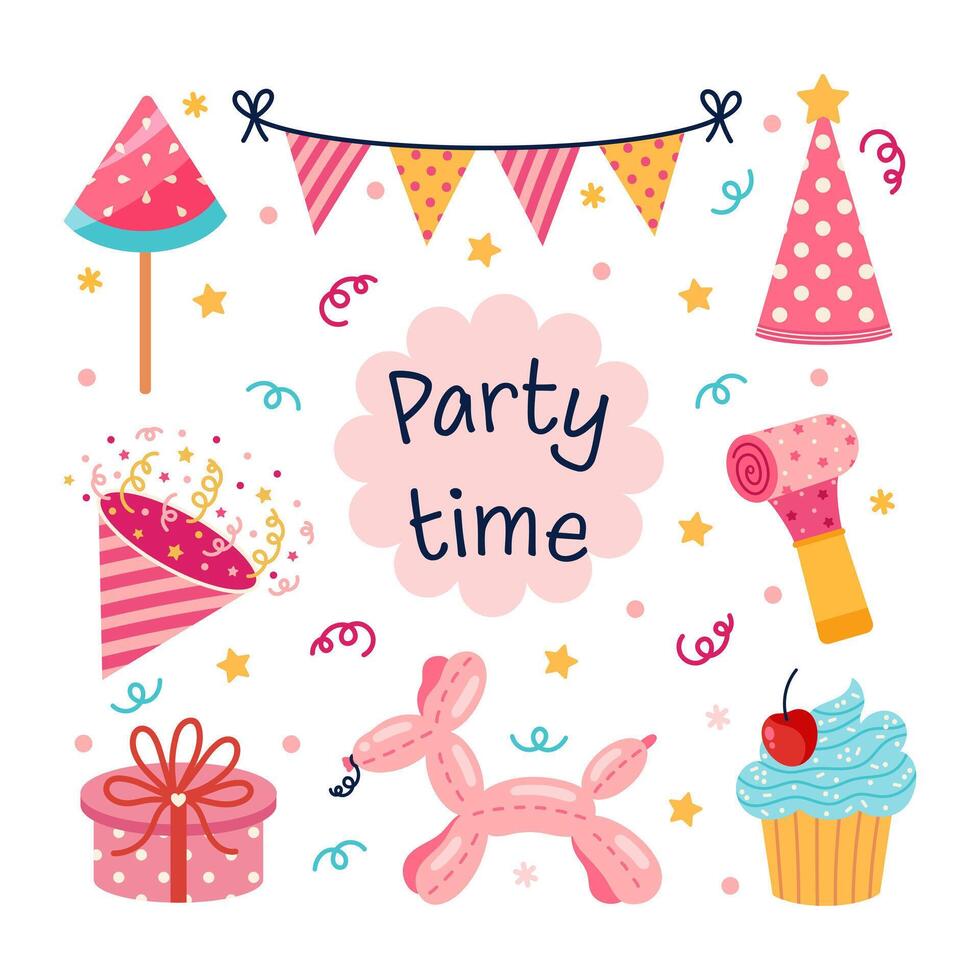 Party time vector set. Cute pink toys for a girl - whistle, hat, dog shaped balloon, cake, lollipop, garland. Gifts and surprises for a birthday. Anniversary celebration, baby holiday. Cartoon clipart