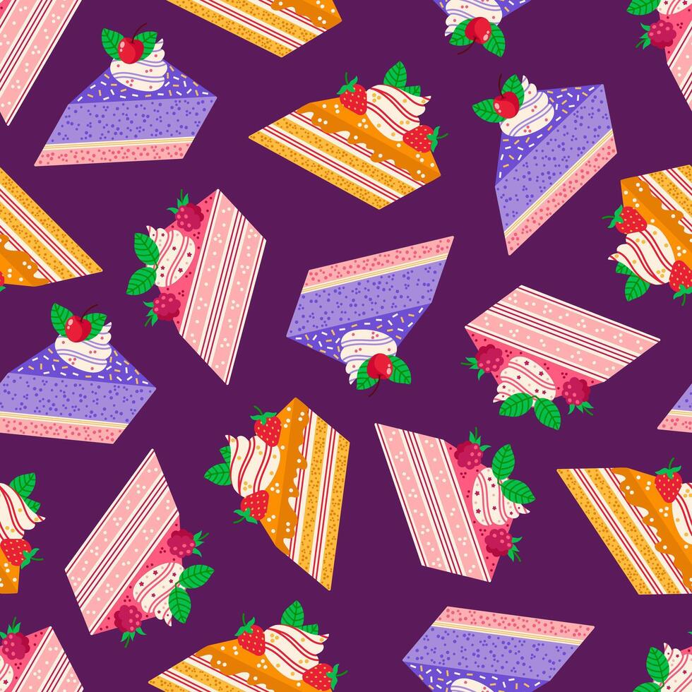 Cake pieces seamless vector pattern. Colorful dessert with cream, mint leaves, sprinkles. Tasty baking slices with raspberry, cherry, strawberry. Sweet birthday party pastry. Cartoon purple background