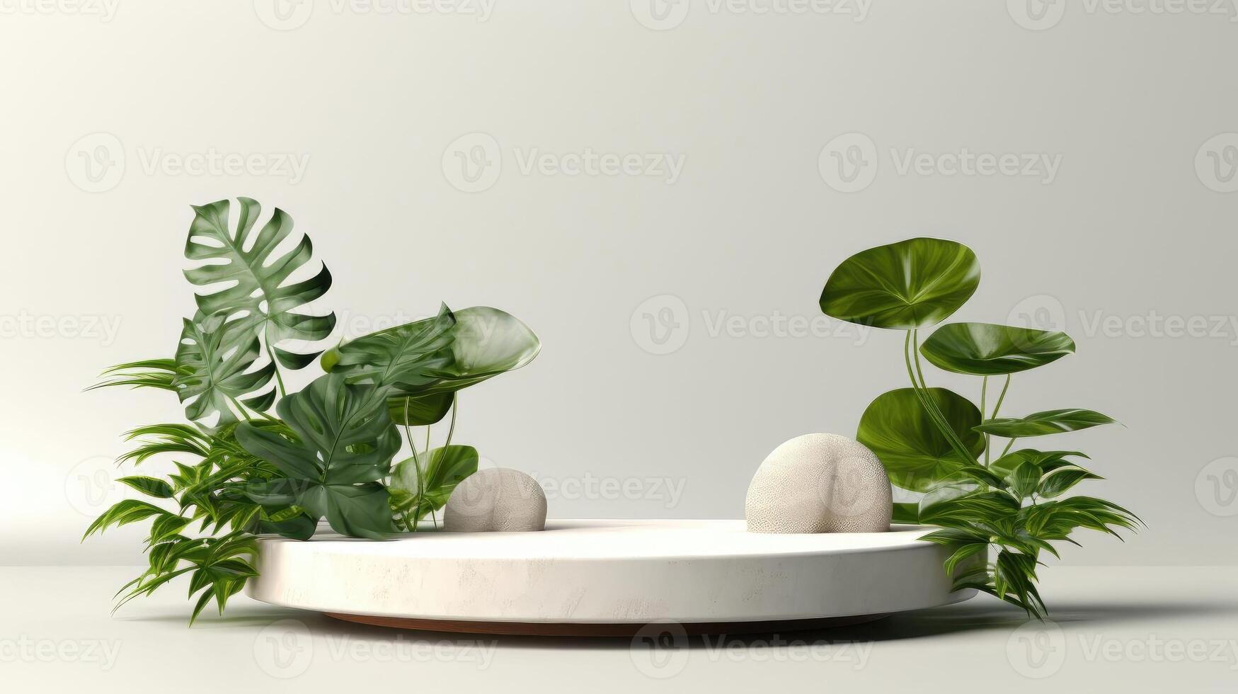 AI generated podium design for product display or product stand with leaf ornaments, AI Generated photo