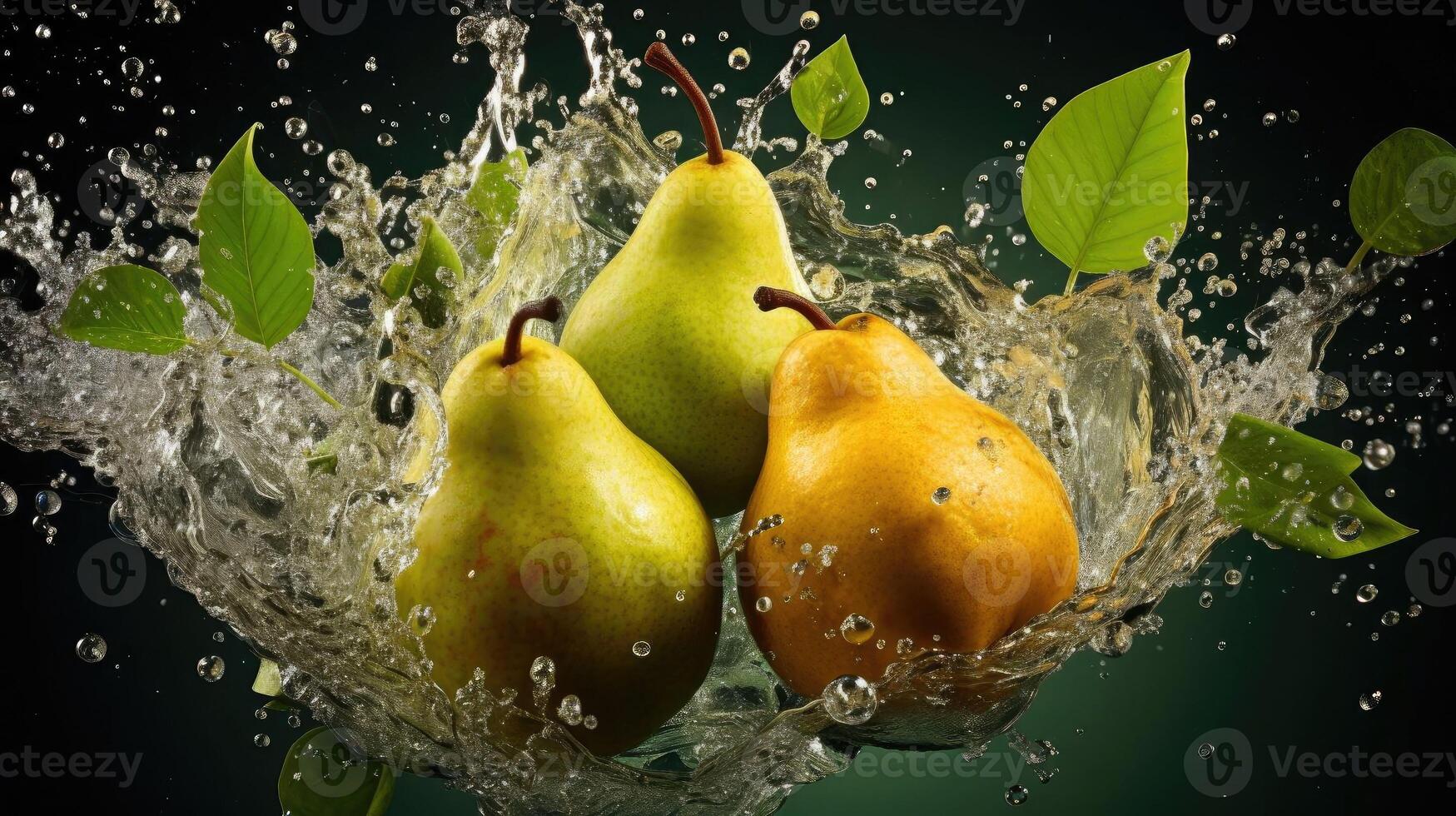 AI generated Closeup Fresh yellow pears splashed with water on a black, blurred background photo