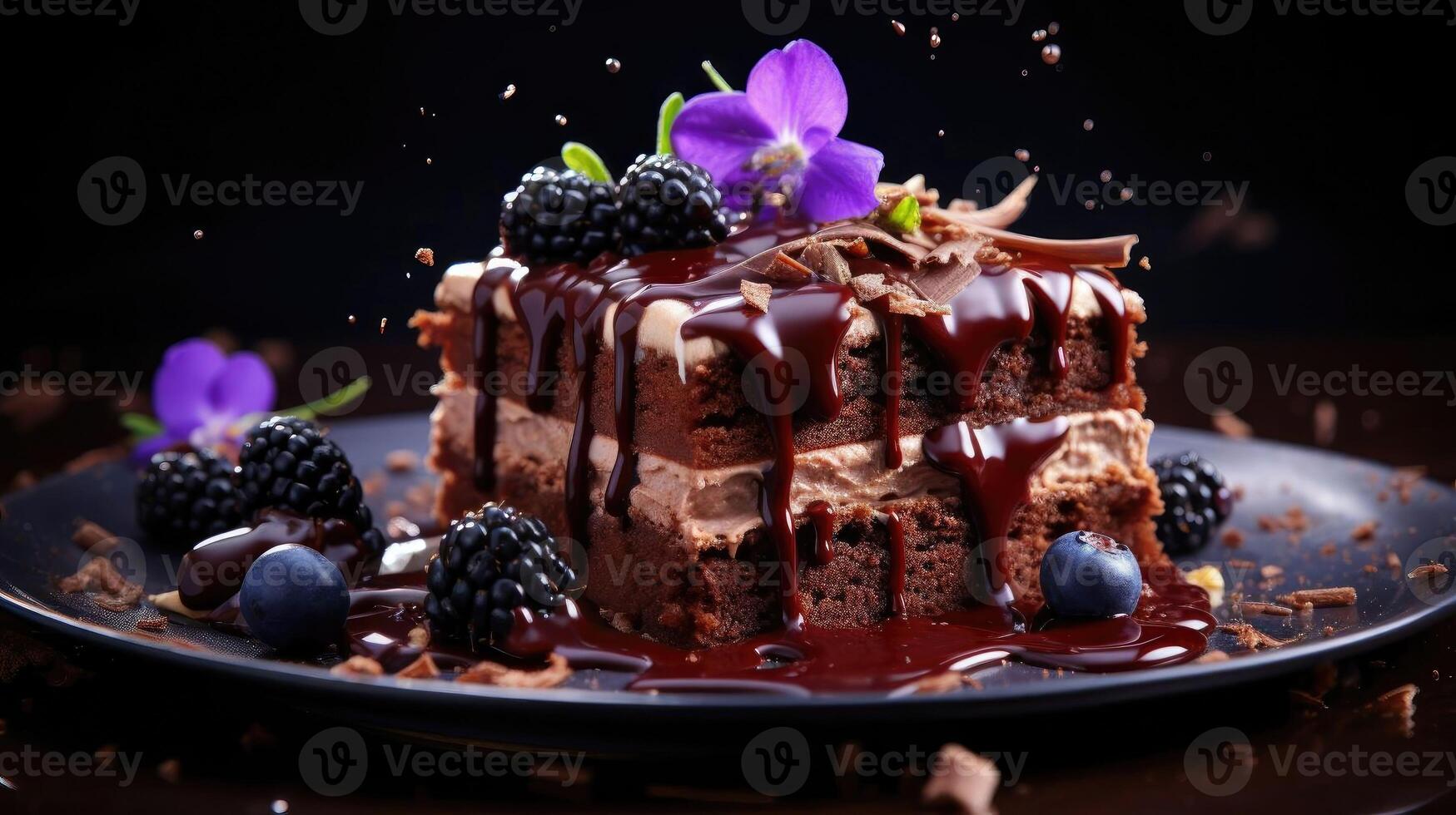 AI generated chocolate cake with melted sweet chocolate and pieces of fruit on a plate, AI Generated photo