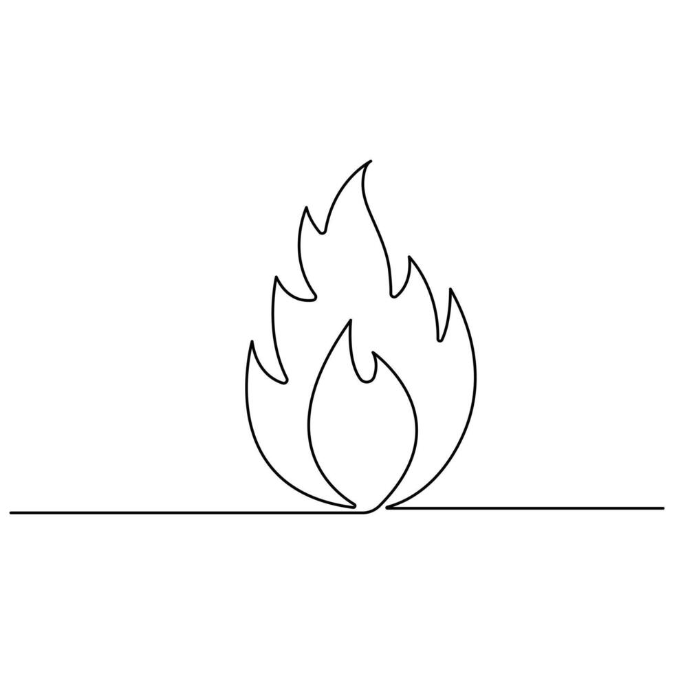 Fire continuous one line art drawing flame shape, gas icon, bonfire outline vector illustration