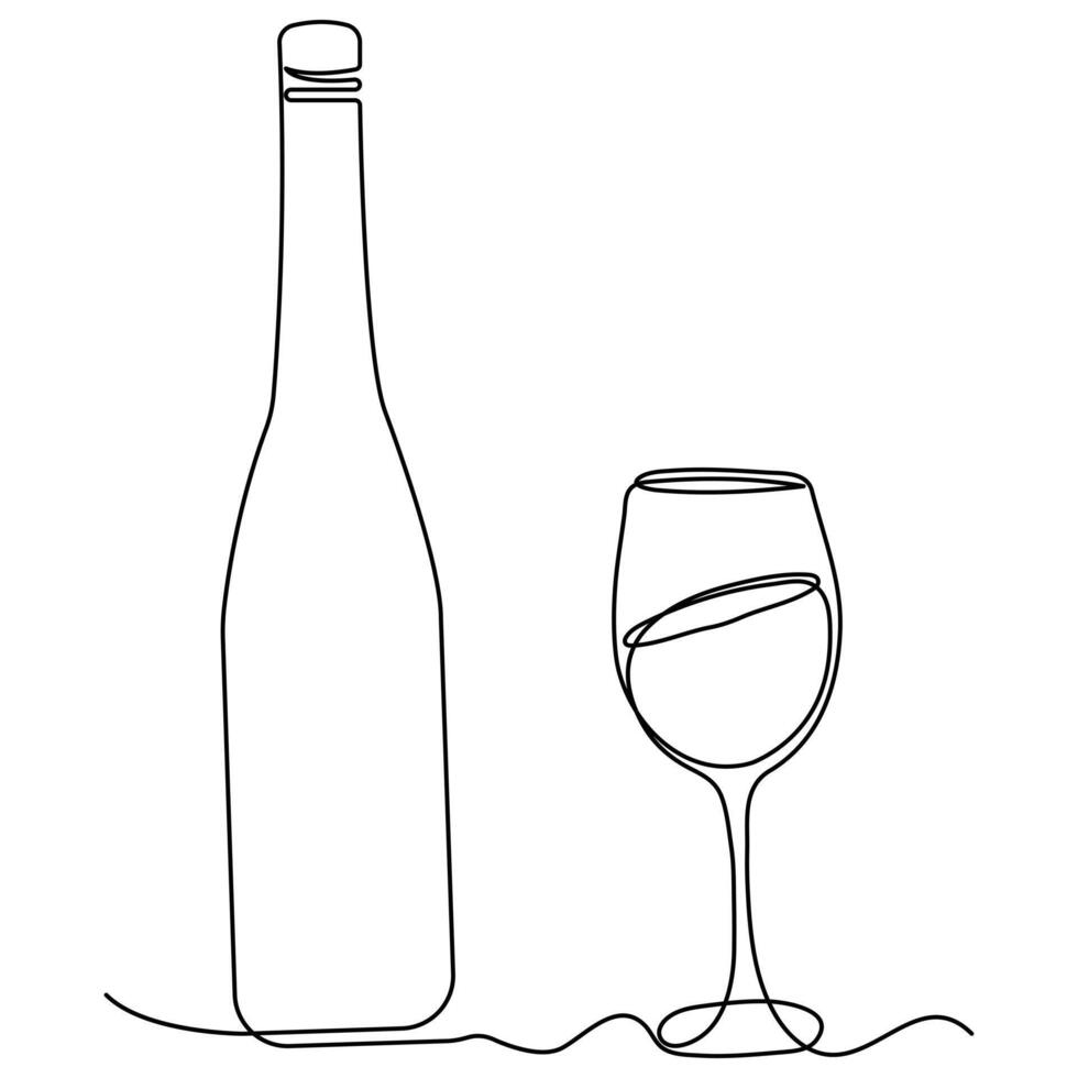 Continuous single line art drawing of wine bottle alcohol drink in doodle style outline vector illustration