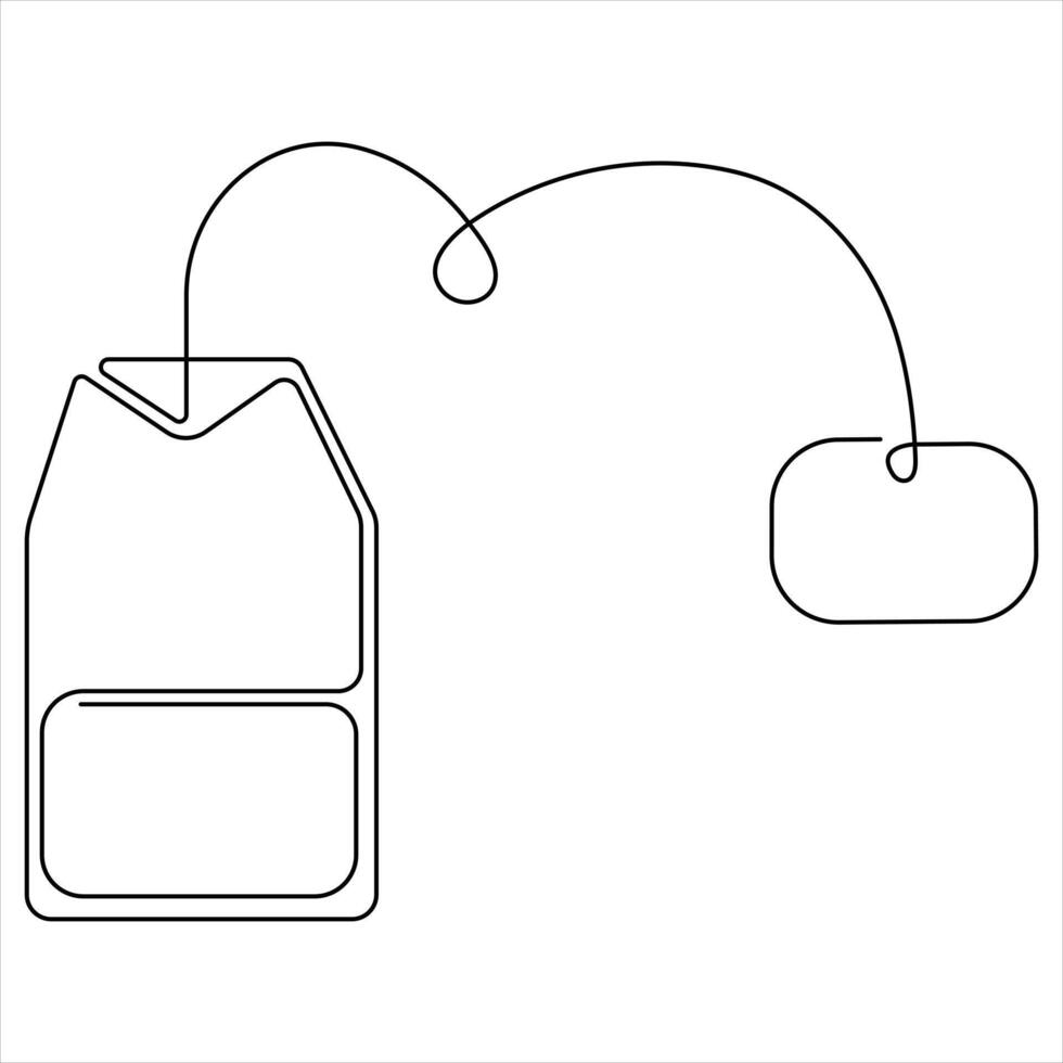 Continuous single line art drawing of paper tea bag icon and Hot herbal drink outline art vector illustration