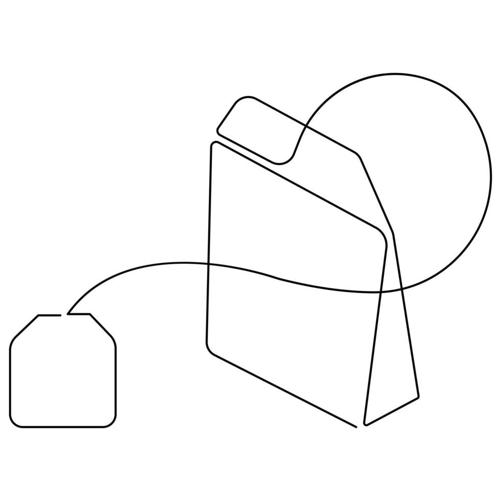 Continuous single line art drawing of paper tea bag icon and Hot herbal drink outline art vector illustration