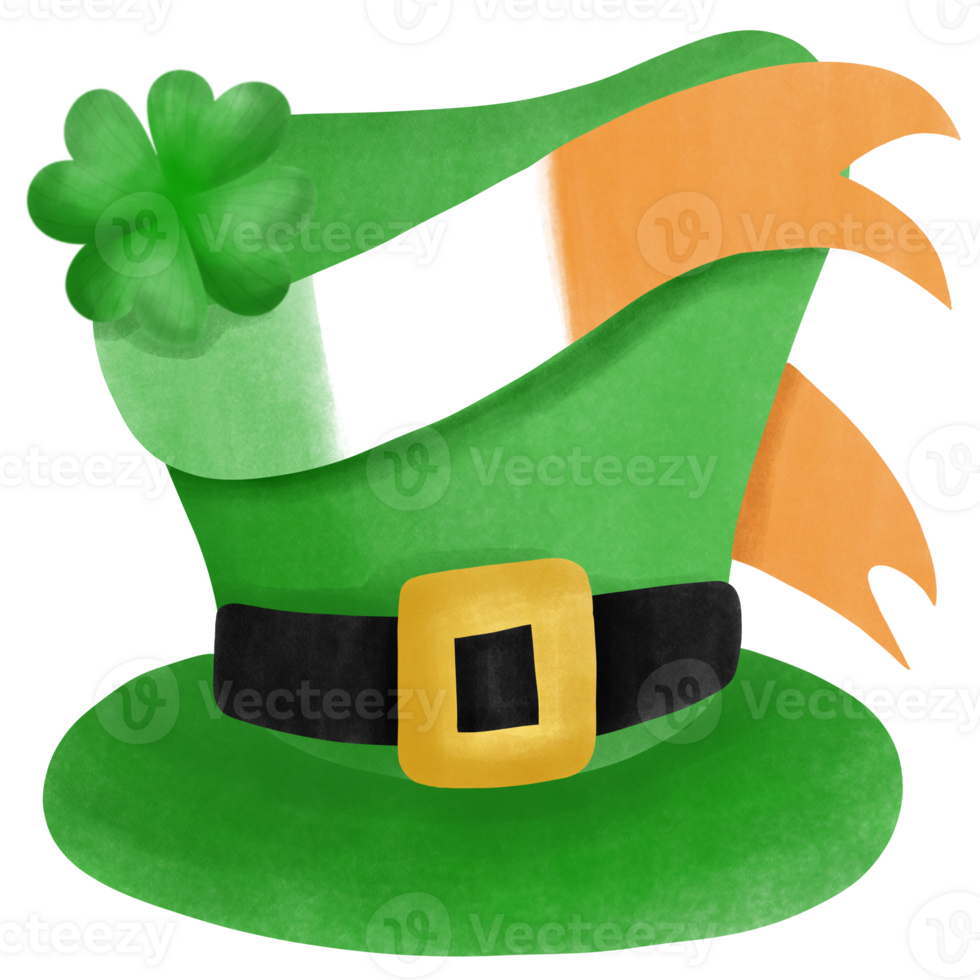 St. Patricks day leprechaun hat with shamrock and flag of Ireland png