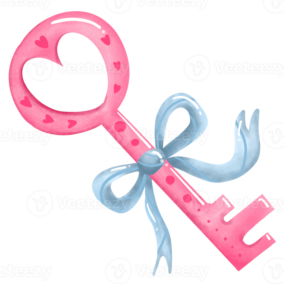 Pink key with blue ribbon png