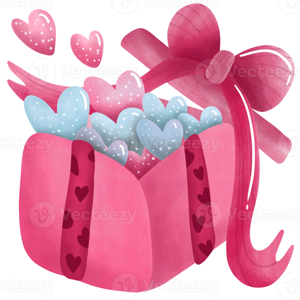 Blue and pink hearts in the gift box with ribbon png