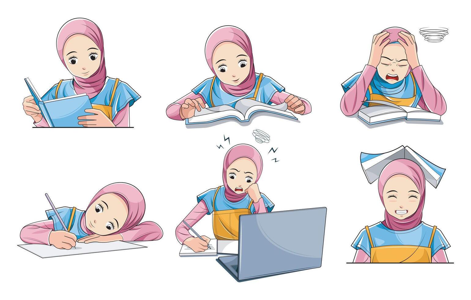 Education concept illustrations. Set of kid girl in hijab vector illustrations in various activities of education